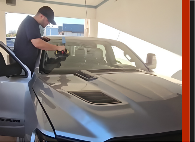 A professional technician from Expert Auto Glass in Surrey using a heavy-duty suction handle to precisely position a new windshield on a silver RAM pickup truck.