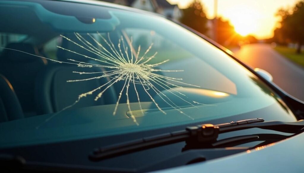 Close-up of a large spiderweb impact crack on a car windshield during sunset, requiring immediate replacement services in Surrey.