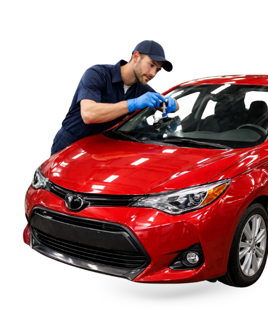 Detailed close-up of a technician using professional resin injection tools for a windshield rock chip repair in vancouver.
