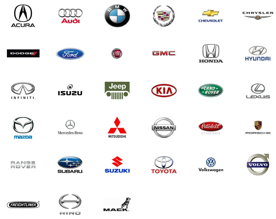 A grid of various automotive brand logos, including Acura, BMW, Ford, Honda, Toyota, and Mercedes-Benz, representing the wide range of vehicles serviced by Expert Auto Glass in Surrey.