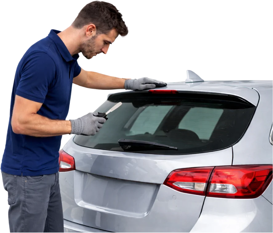 Expert Auto Glass technician installing a new rear heated window on a silver hatchback in Surrey.