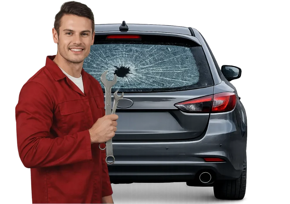 Professional auto glass technician in red coveralls standing in front of a car with a shattered rear windshield in Surrey, BC.
