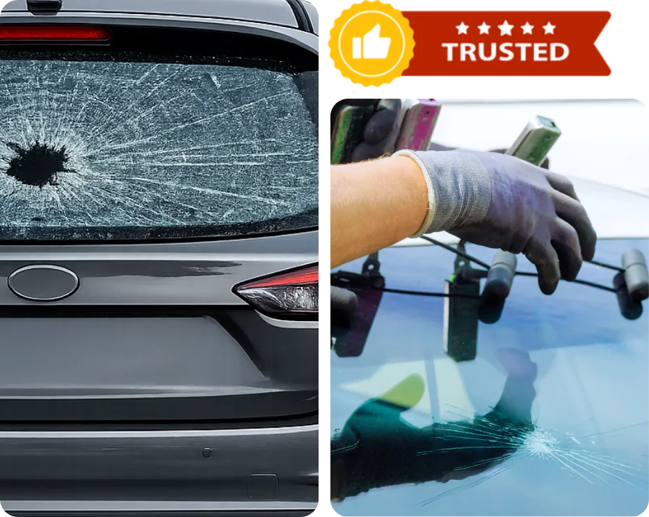 A collage showing a shattered rear window and a professional chip repair in progress, featuring a "Trusted" badge for Expert Auto Glass in Surrey.