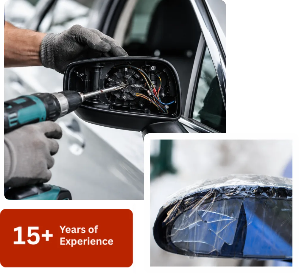 A technician from Expert Auto Glass in Surrey uses a power drill to repair a car's side-view mirror assembly, with an inset image showing a cracked mirror taped for safety.