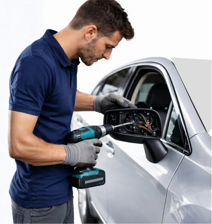 Expert Auto Glass specialist using a power drill to repair a side-view mirror assembly on a silver car in Surrey.