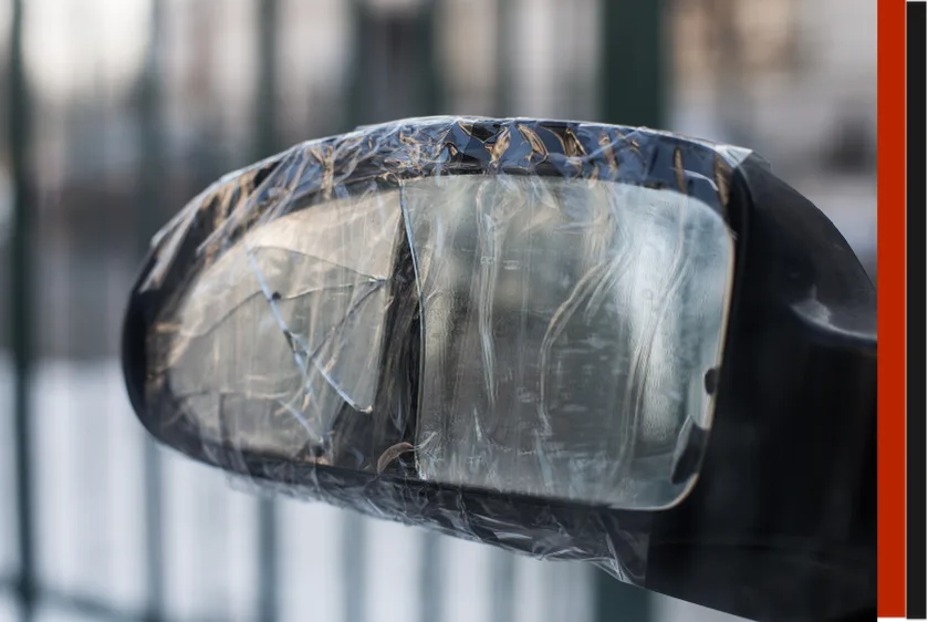 Expert Auto Glass technician in Surrey using a drill to repair a car's side mirror internal motor, with an inset of a cracked mirror.
