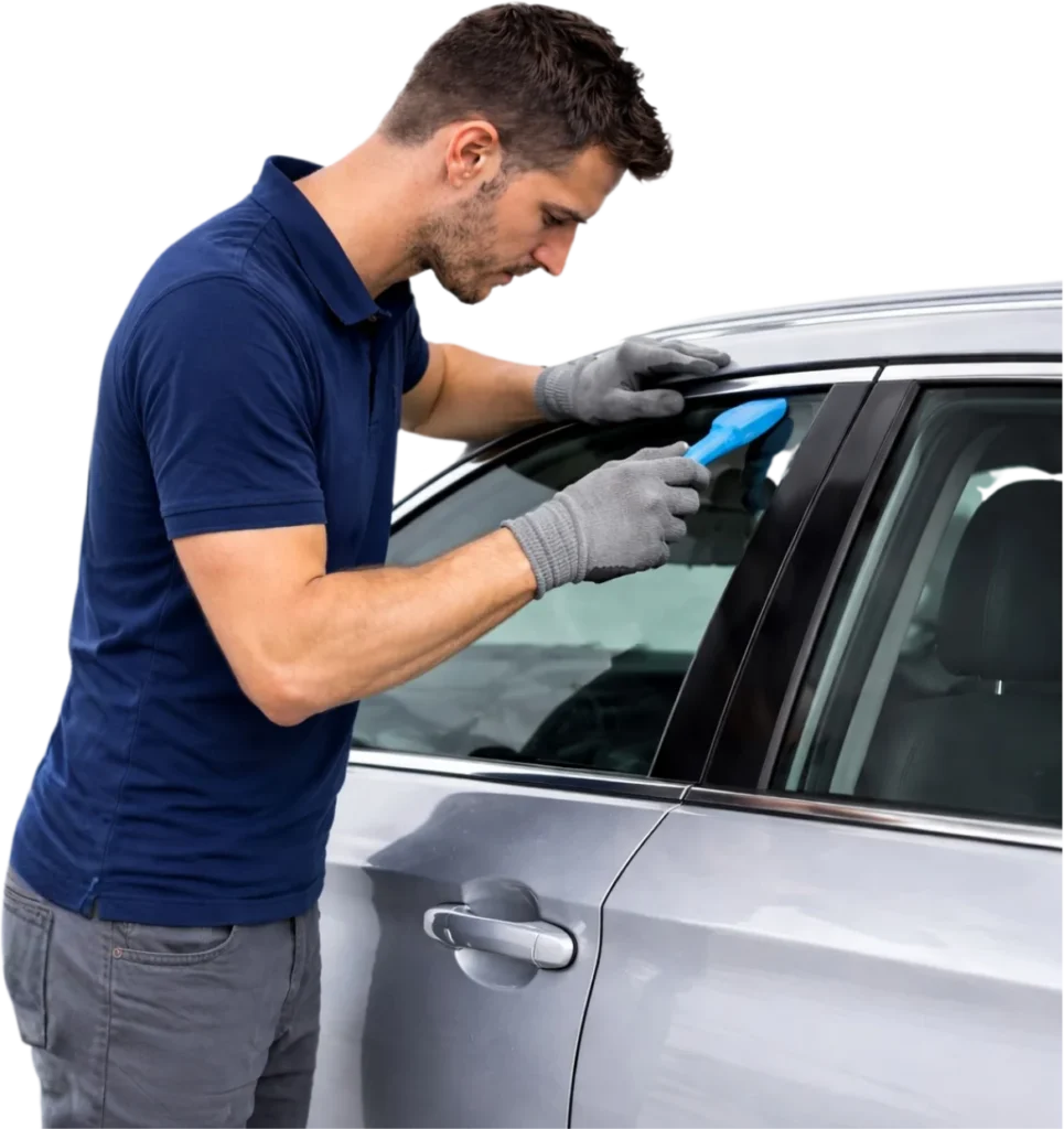Professional technician carefully sealing a side window on a silver vehicle at Expert Auto Glass in Surrey, BC.